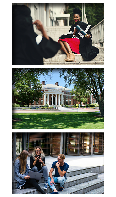 Three images of students or buildings at school